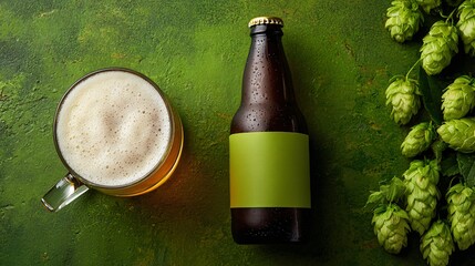 Top-Down Craft Beer with Bottle and Fresh Hops