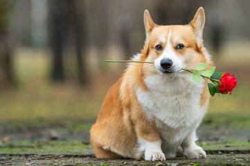  corgi with a red rose for Valentine's Day