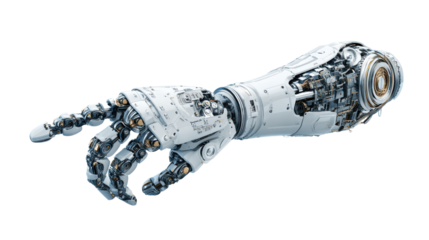 Futuristic robotic arm with intricate mechanical details, isolated on white background.