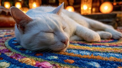 Dreamy White Cat Sleeping on a Colorful Rug with Lantern Lights