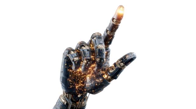 Futuristic robotic hand pointing with glowing elements on a white isolated background.