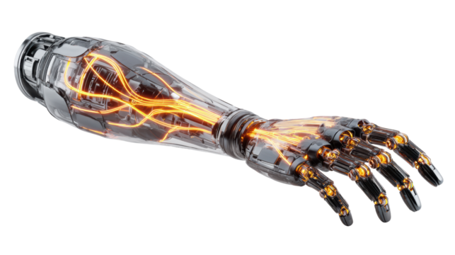 Futuristic robotic hand with glowing circuitry, designed for advanced functionalities in technology.