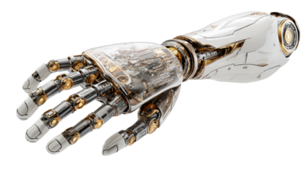 Futuristic robotic hand with mechanical joints and a sleek design, isolated on a white background.