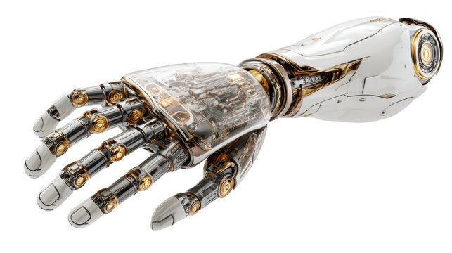 Futuristic robotic hand with mechanical joints and a sleek design, isolated on a white background.
