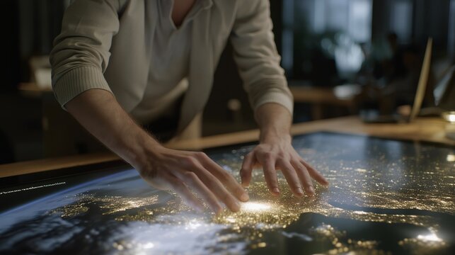 A holographic subscriber map projected in a dark studio, tiny lights blinking across continents as a creator touches each region to see real-time engagement — futuristic subscriber analytics,