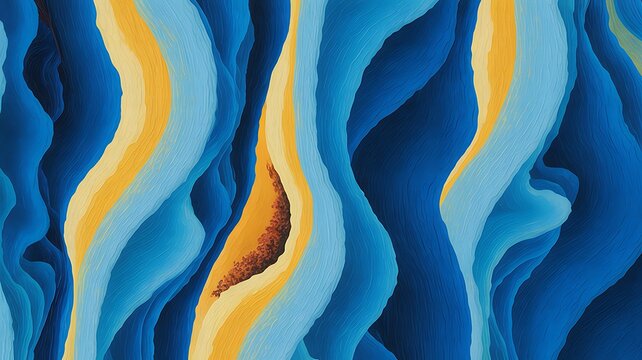 Abstract painting with wavy blue and yellow lines and brown accents