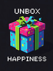 christmas poster with colorful gift box and unbox happiness text, christmas card with green ribbon and confetti, festive card with black background and vibrant design
