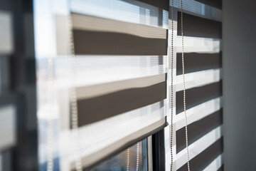 Soft daylight filtering through zebra blinds creating layered shadows on modern window interior © Volodymyr_sh