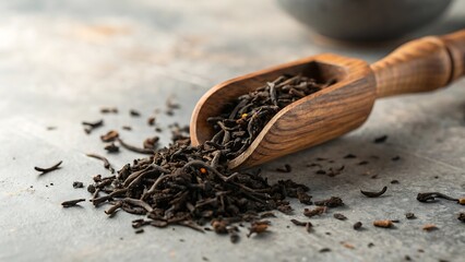 A rustic wooden scoop brimming with aromatic loose black tea leaves, elegantly scattered on a textured grey surface, capturing the essence of a serene tea preparation ritual for a comforting drink