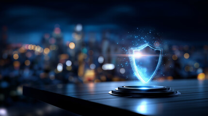 Glowing cyber security shield on platform, defocused city lights background, protection concept, urban data safety, network defense technology, information security visualization,