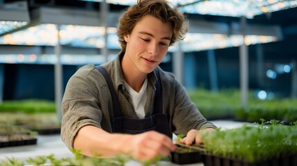 A gardener positioning seedling trays on greenhouse grow racks under bright LED horticultural lights — controlled-environment agriculture, sustainable food production, and plant cultivation