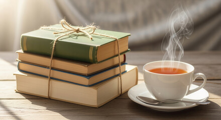 Stack of old books tied with twine and a cup of hot tea on a rustic wooden table.Cozy scene for reading, studying, and relaxation.