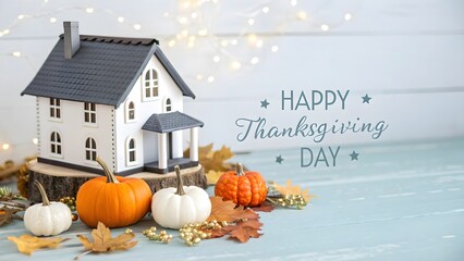 Happy thanksgiving day text with a miniature house, pumpkins, and autumn leaves on a light blue wooden background, decorated with fairy lights