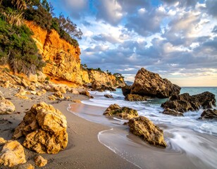 Coastal scene with rock formations, sandy beach, and sea