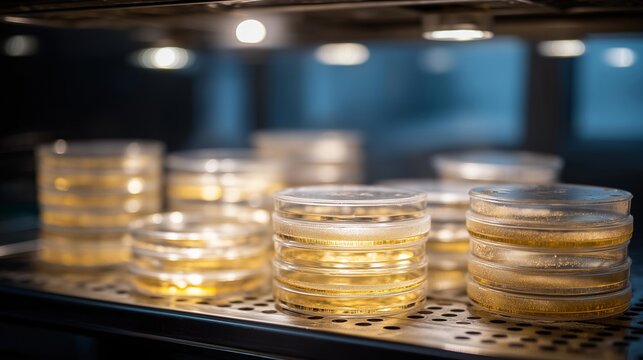 A glowing incubator filled with neatly stacked petri dishes, condensation forming on the inside as bacteria cultures grow overnight — laboratory incubation system, microbial growth environment, and