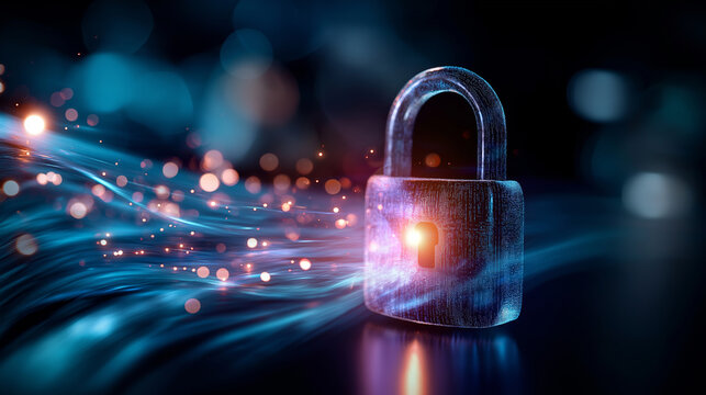 Secure digital agreement interface with glowing padlock, abstract data flow visualization, defocused circuit patterns, network protection concept, encryption technology, privacy se