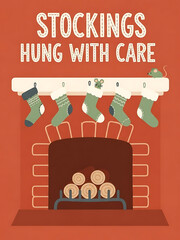 christmas poster with fireplace and stockings hung with care text, christmas card with cozy mantle and burning fire, festive card with holiday decor and warm atmosphere
