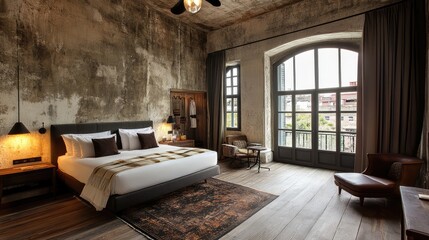 A boutique hotel-style bedroom with artistic concrete textures, deep-toned wooden floors, and elegant natural lighting from a panoramic window