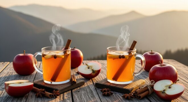 Two steaming mugs of apple cider with cinnamon sticks and apples on a wooden table.