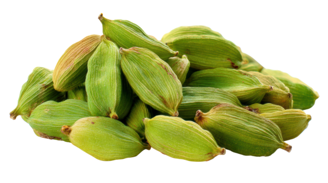Green cardamom pods, isolated on a white background, perfect for culinary use or spice ingredient concepts.