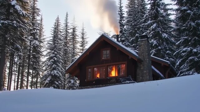 wooden house with chimney, covered in snow