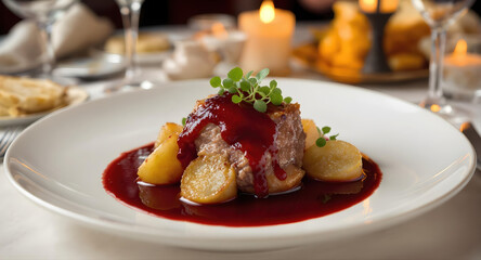 Delicious gourmet duck confit with cherry glaze and pommes sarladaises. An elegant fine dining meal with microgreen garnish