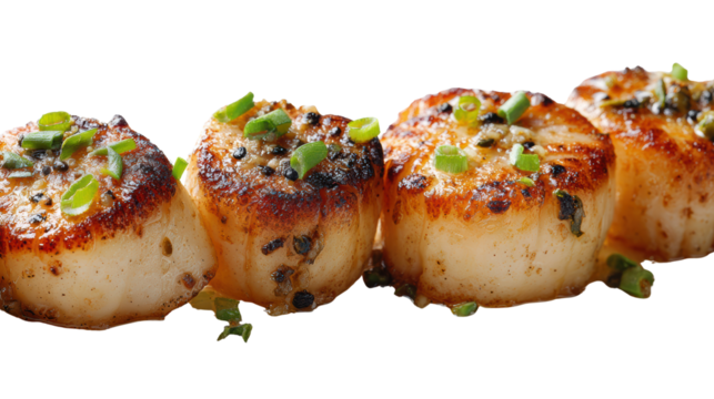 Grilled scallops garnished with green onions, served on a white plate, isolated on a white background.