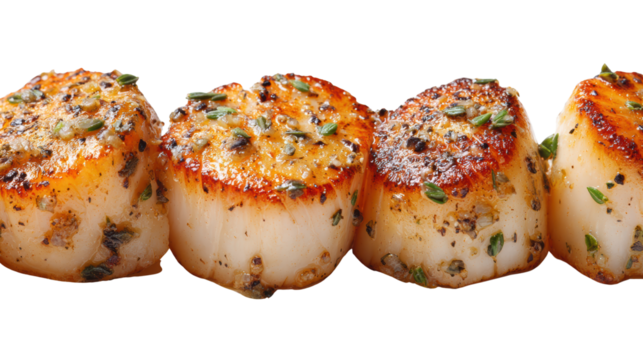Grilled scallops garnished with herbs, white isolate background.