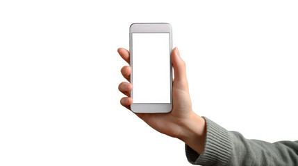 Hand holding a smartphone, blank screen for customization, white isolated background.