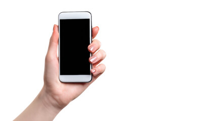 Hand holding a smartphone, isolated on a white background.