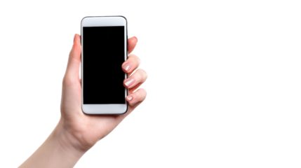Hand holding a smartphone, isolated on a white background.
