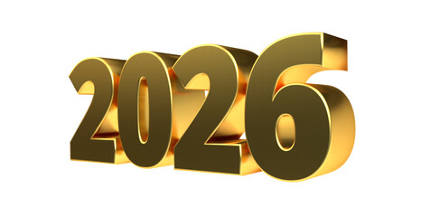 Moderne 3D-Schrift 2026 - plakative goldene Jahreszahl mit schimmerndem Farbverlauf, Neujahr, Zukünftige Trends, Technologie, Business, Saison, Jubiläum, Innovation, Geschäftspräsentationen