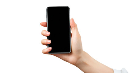 Hand holding a smartphone, modern device, technology in everyday life.