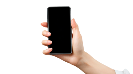 Hand holding a smartphone, modern device, technology in everyday life.