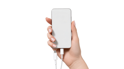 Hand holding a smartphone on a white isolate background, showcasing modern communication device.