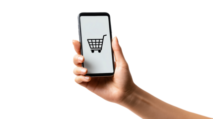 Hand holding phone with shopping cart icon on screen, white isolated background.