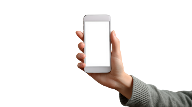 Hand holding a smartphone, blank screen for customization, white isolated background.