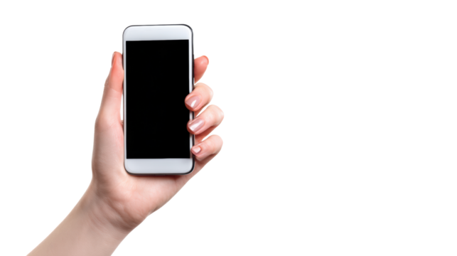 Hand holding a smartphone, isolated on a white background.
