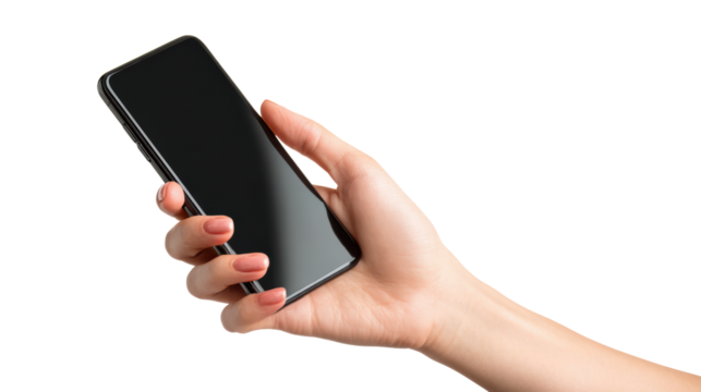 Hand holding a smartphone against a white isolated background.