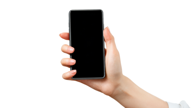 Hand holding a smartphone, modern device, technology in everyday life.