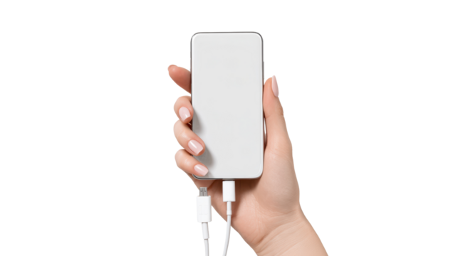 Hand holding a smartphone on a white isolate background, showcasing modern communication device.