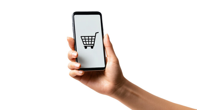 Hand holding phone with shopping cart icon on screen, white isolated background.