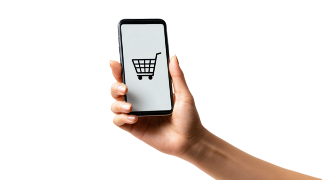 Hand holding phone with shopping cart icon on screen, white isolated background.
