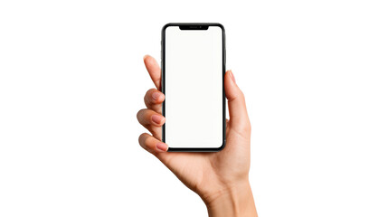Hand holding smartphone with blank screen, isolated on white background.