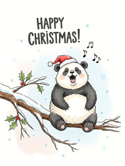 christmas poster with panda singing happy christmas, christmas card with holly branch and santa hat, festive card with musical notes and winter background
