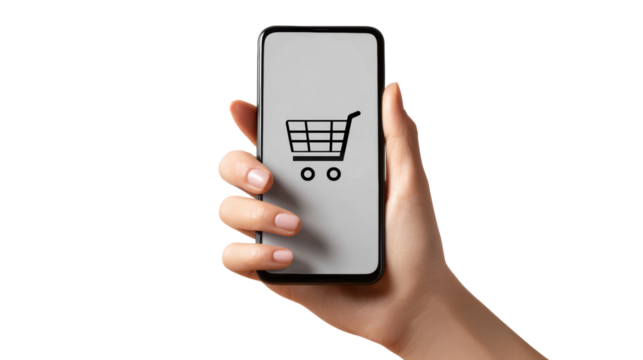 Hand holding smartphone displaying shopping cart icon, white isolated background.