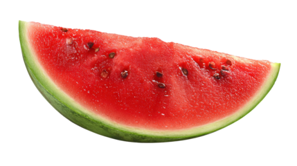 Juicy watermelon slice, vibrant red flesh with green rind, isolated on white background.