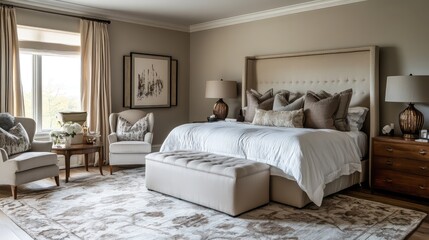 A boutique-style master suite with warm neutral tones, a plush king-sized bed, and a cozy seating corner with elegant furniture