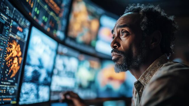 This is a video showing a person closely watching many displaying hydrometric information. He analyzes information and makes changes