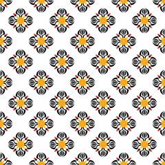 Seamless pattern, geometric shapes, floral patterns, red, yellow, black.